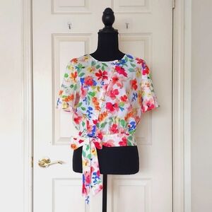 NWOT. Zara 100% Cotton Horizontal Satin Colorful Floral Wide Short Sleeve Blouse